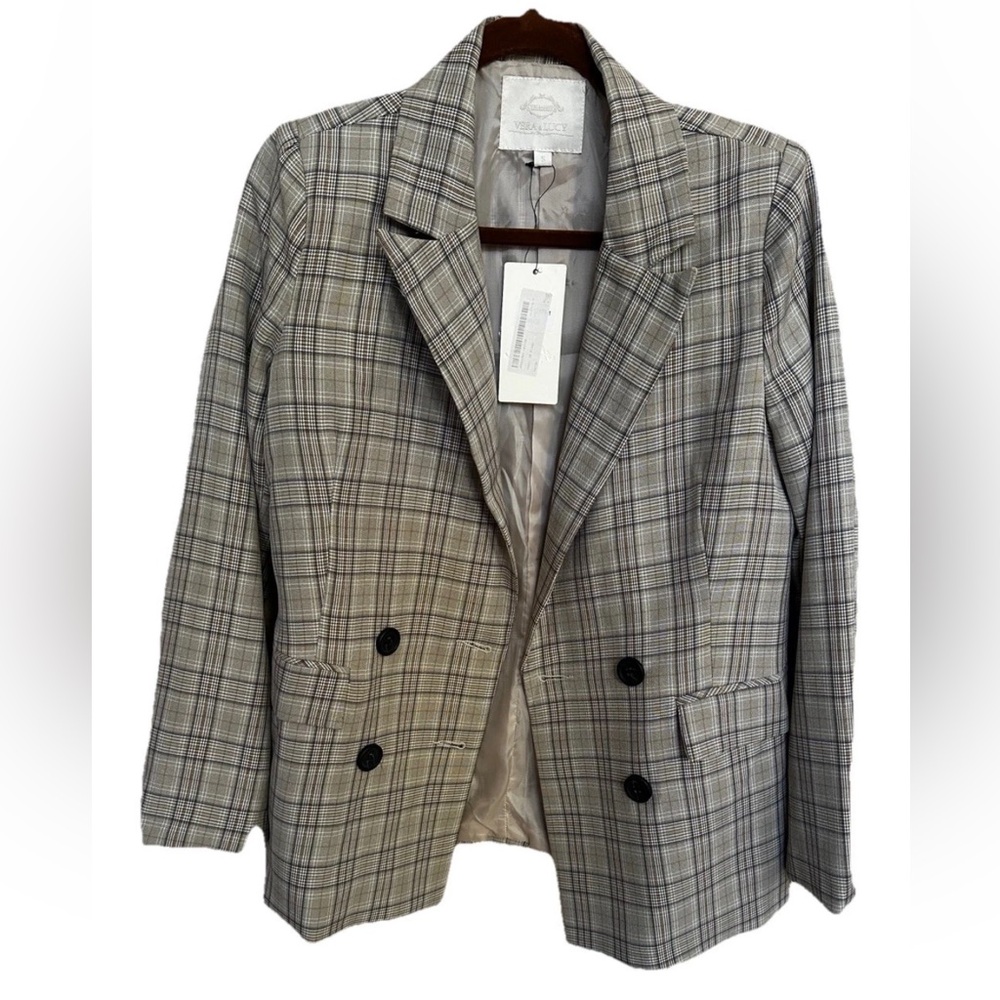 NWT Vera & Lucy Paris Plaid Blazer - Size S - Chic Grey & Tan